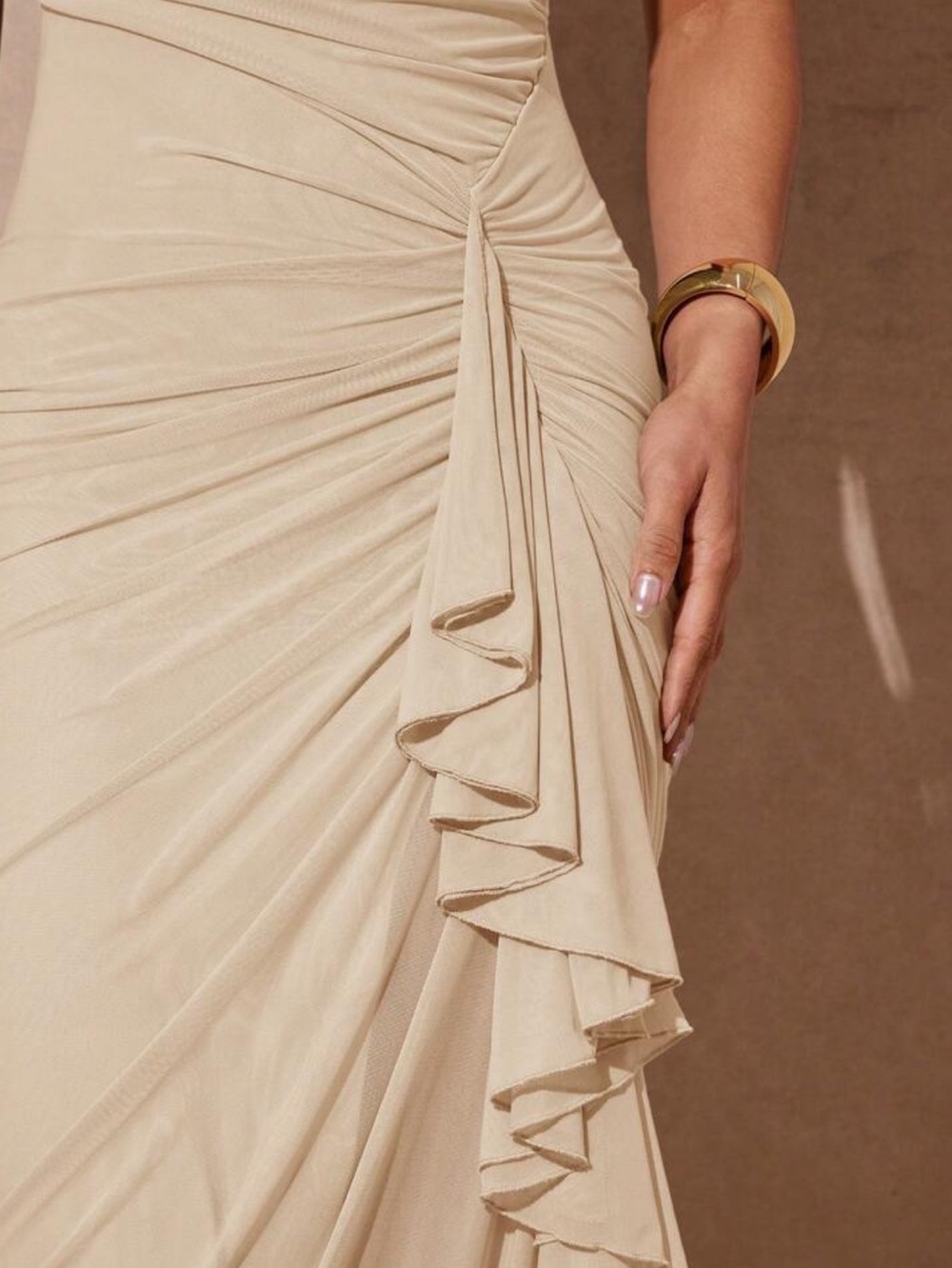 Apricot  Ruched Sheath Dress with Side Ruffle - Picture 6 of 7
